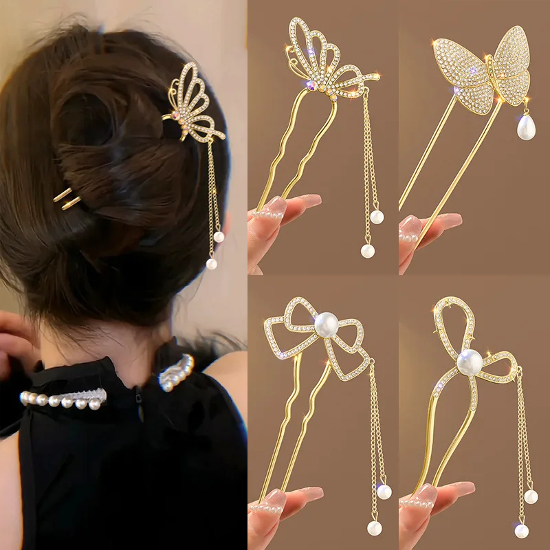 Pearl Hair Pin - สไตล์โบราณเพิร์ล rhinestone high-end U-รูปพู่ hairpin สไตล์จีนใหม่โบว์แถบคาดศีรษะ