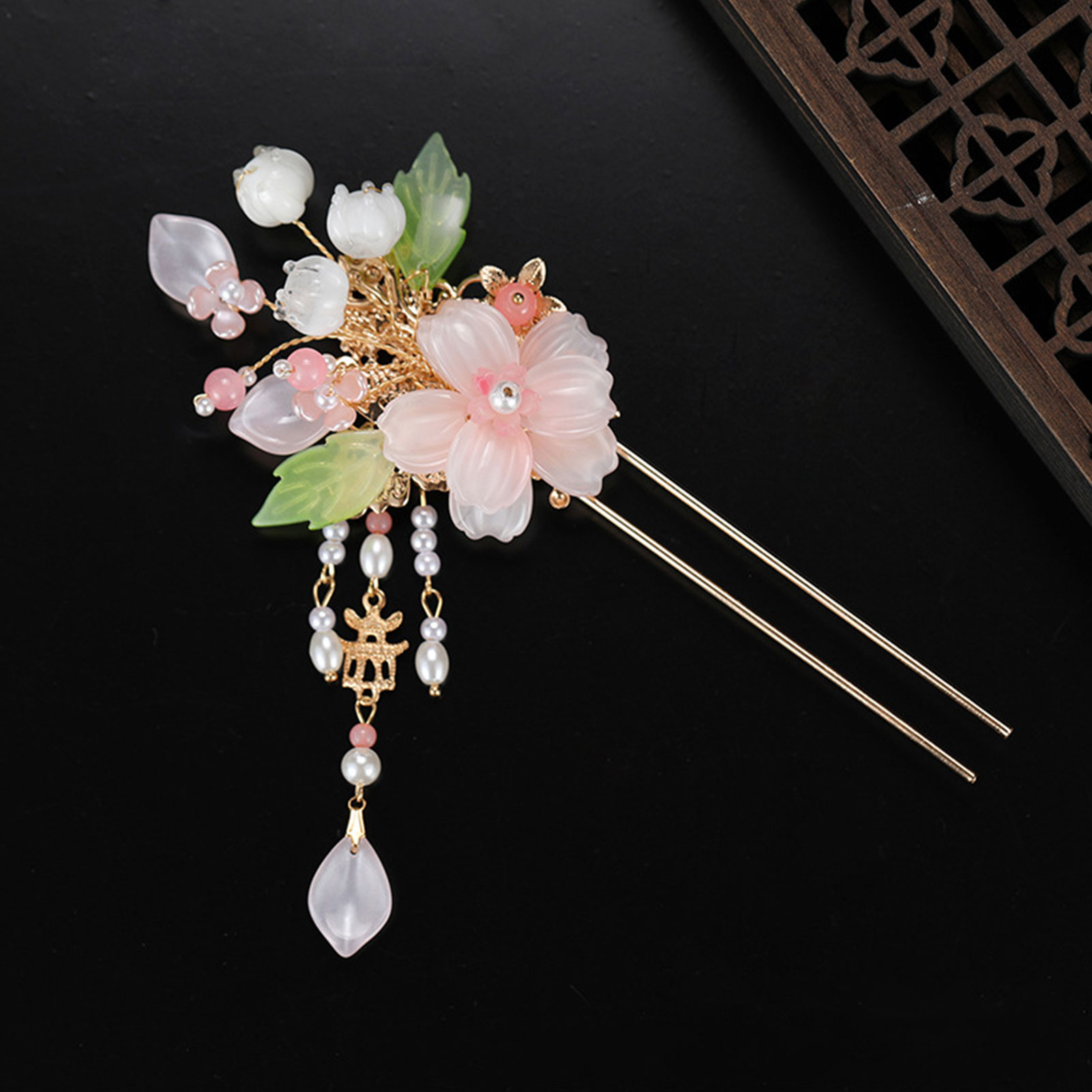 Pearl Hair Pin - กิ๊บติดผมรูปดอกไม้สีชมพูสุดหรู สไตล์จีนโบราณ รูปตัวยู ประดับมุก สำหรับผู้หญิง ทำผมทรง