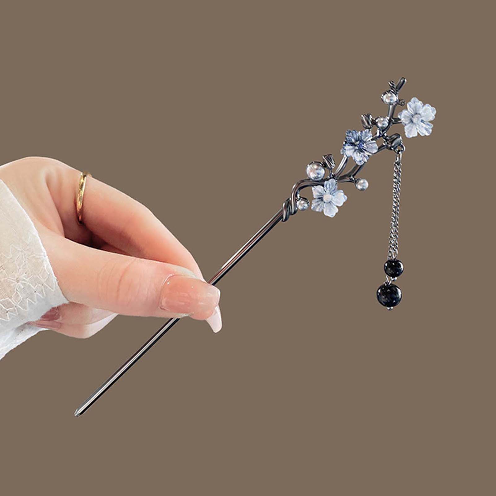 Pearl Hair Pin - กิ๊บติดผมแบบคลาสสิก ลายดอกไม้สีหมึก ประดับพู่โลหะ สำหรับผู้หญิง ประดับมุกสีดำ ลูกปัด