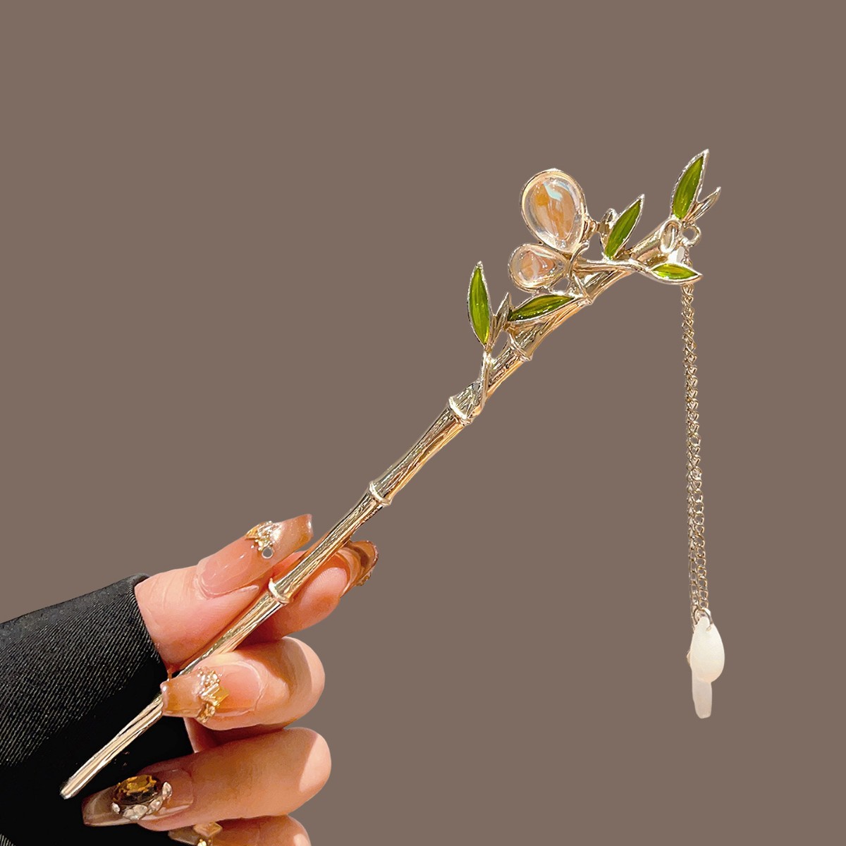 Pearl Hair Pin - ปิ่นปักผมพู่ไม้ไผ่สีเขียวสำหรับชุดฮั่นสไตล์โบราณประดับดอกไม้และมุก ปิ่นปักผมวินเทจสำหรับงานแต่งงาน ชุดกี่เพ้า ของตกแต่งผม