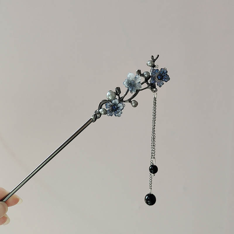 Pearl Hair Pin - กิ๊บติดผมแบบคลาสสิก ลายดอกไม้สีหมึก ประดับพู่โลหะ สำหรับผู้หญิง ประดับมุกสีดำ ลูกปัด