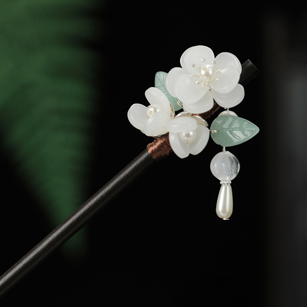 Pearl Hair Pin - Retro ดอกไม้ Hairpin ไข่มุกไม้จันทน์พู่ผมตะเกียบสําหรับ Hanfu คอสเพลย์จีน